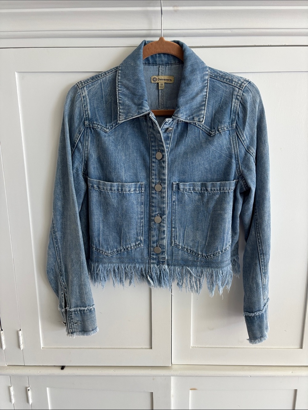 Democracy Distressed Fringe Hem Denim Jacket - Light Blue